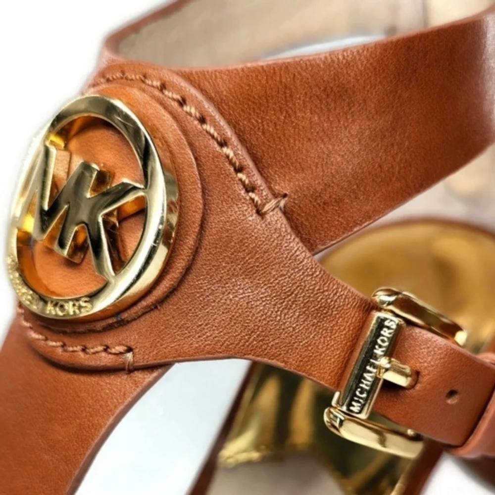 Michael Kors Brown Leather T-Strap Open-Toe Back Zip Gold Logo High Heel Sandals